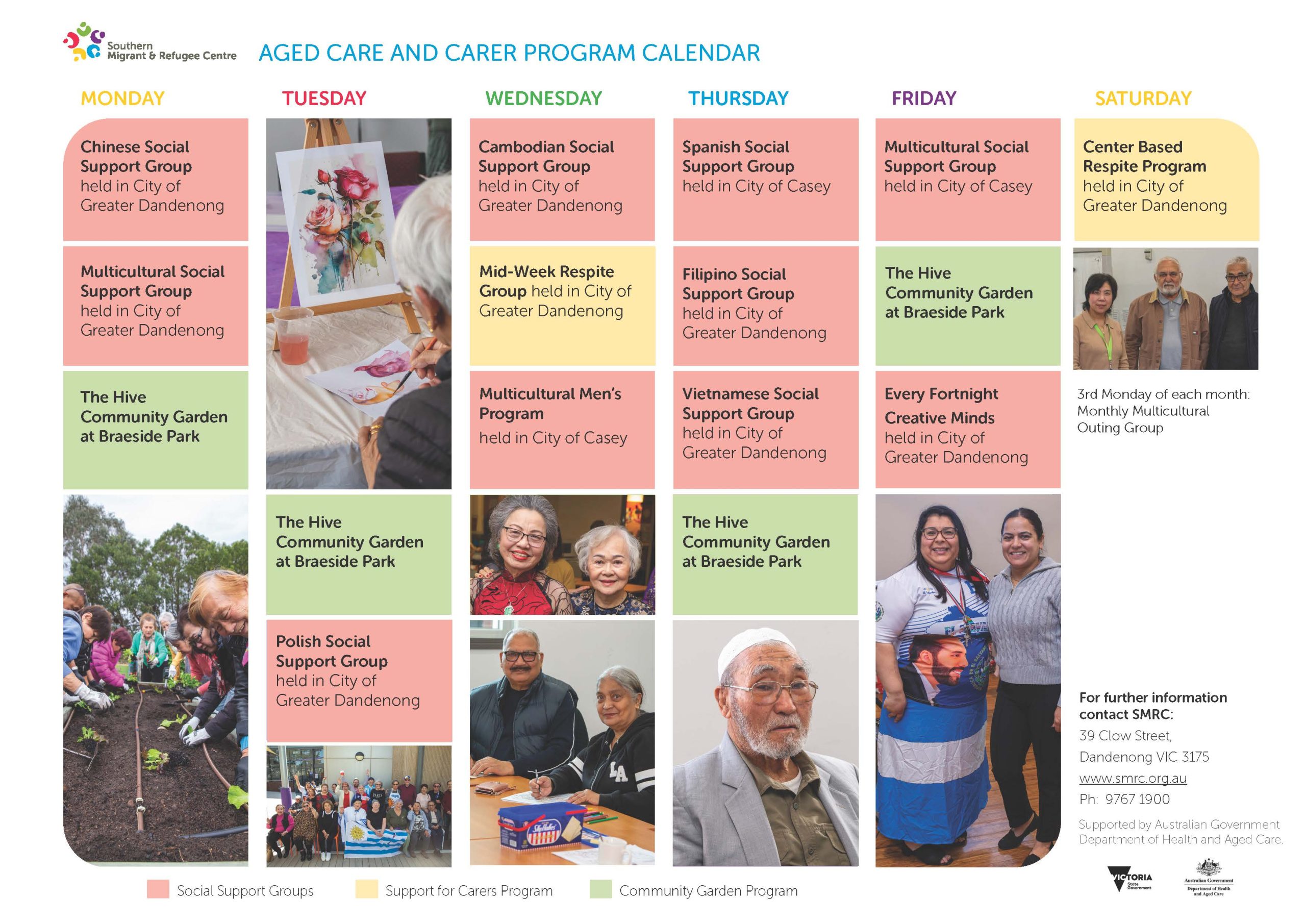 Colourful calendar outlining SMRC's Aged Care and Carer Programs