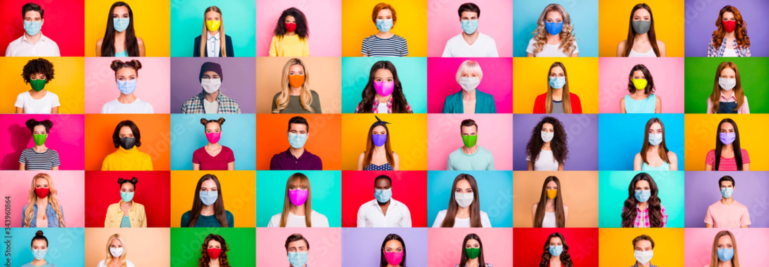 grid of images with different people wearing face masks with different colour bright backgrounds