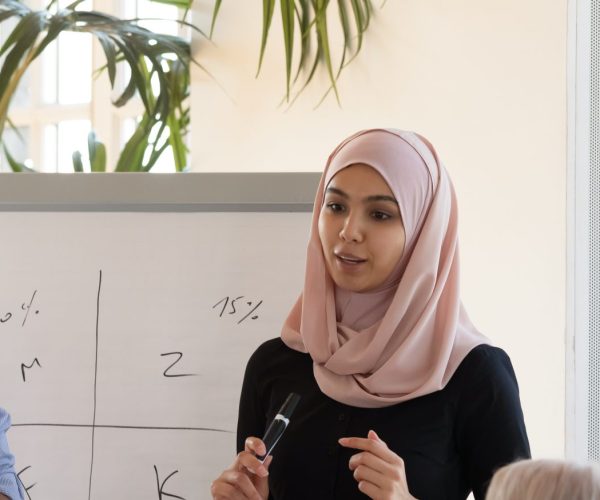 a woman in a headscarf and a man with a blue shirtpresenting to a room of three people