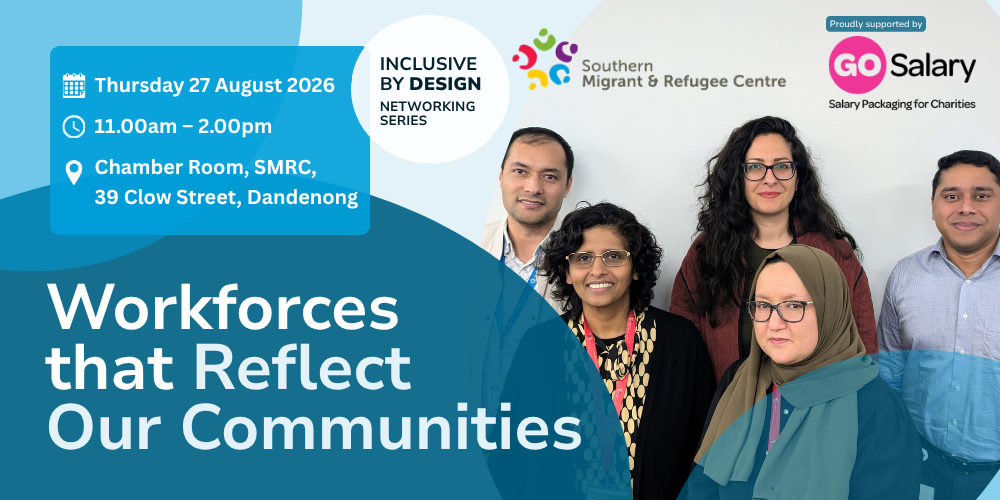 Five people of diverse backgrounds and ages smile at the camera. Details about the event are shown.