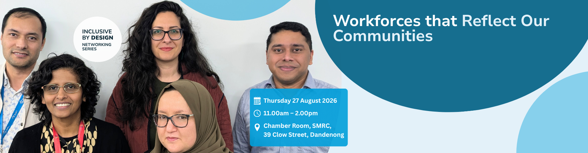 Five people of diverse backgrounds and ages smile at the camera. Details about the Workforce that Reflect Our Communities event are shown.
